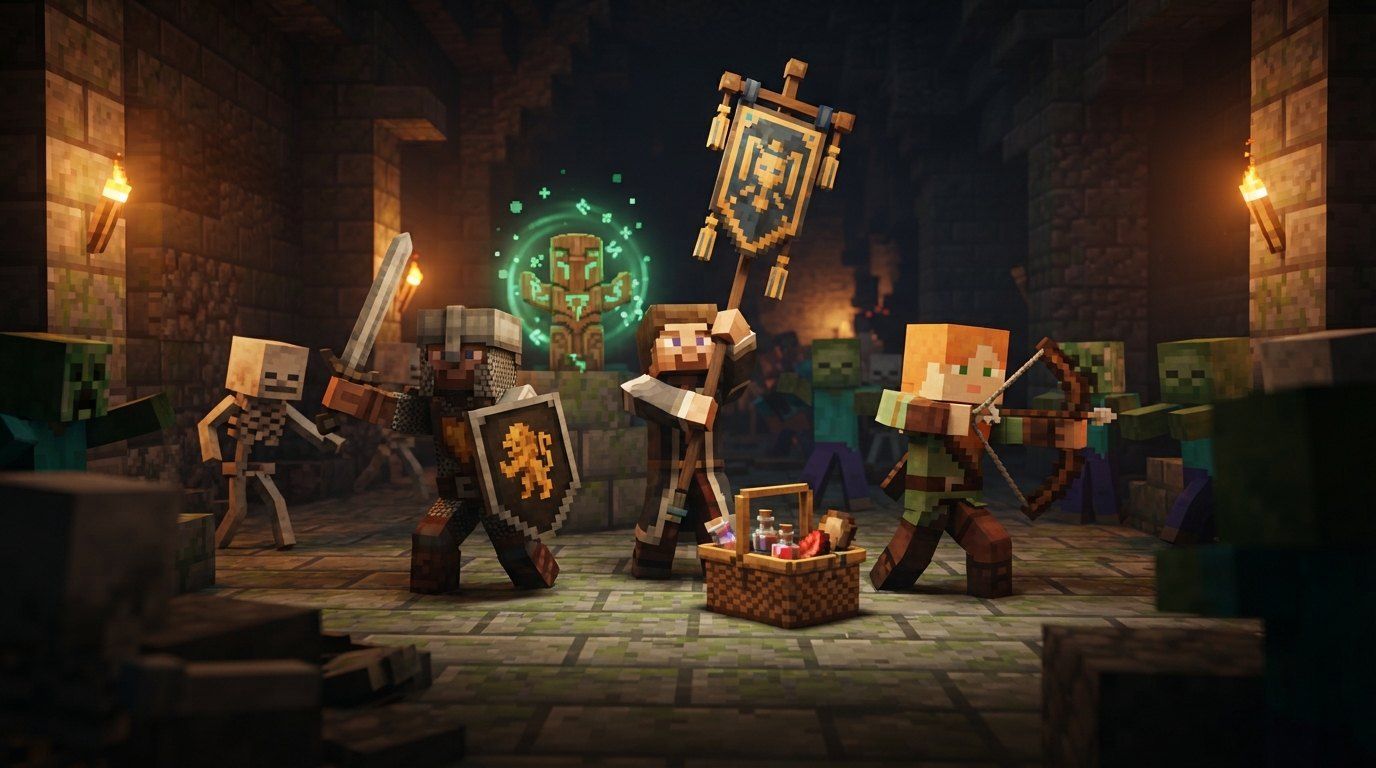 A co-op party fighting in a torch-lit hall under a raised banner, with a picnic basket at their feet