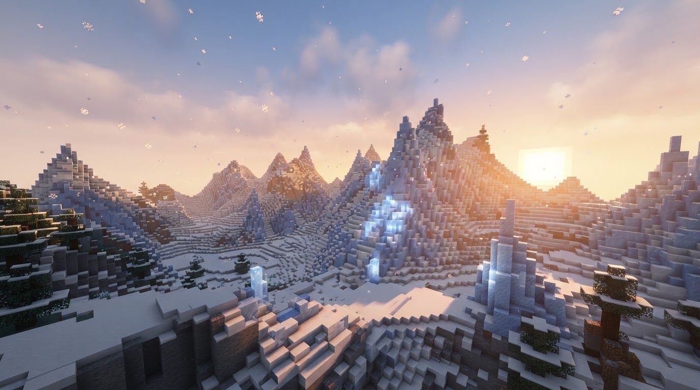 Voxel-art landscape of the Frozen Highlands