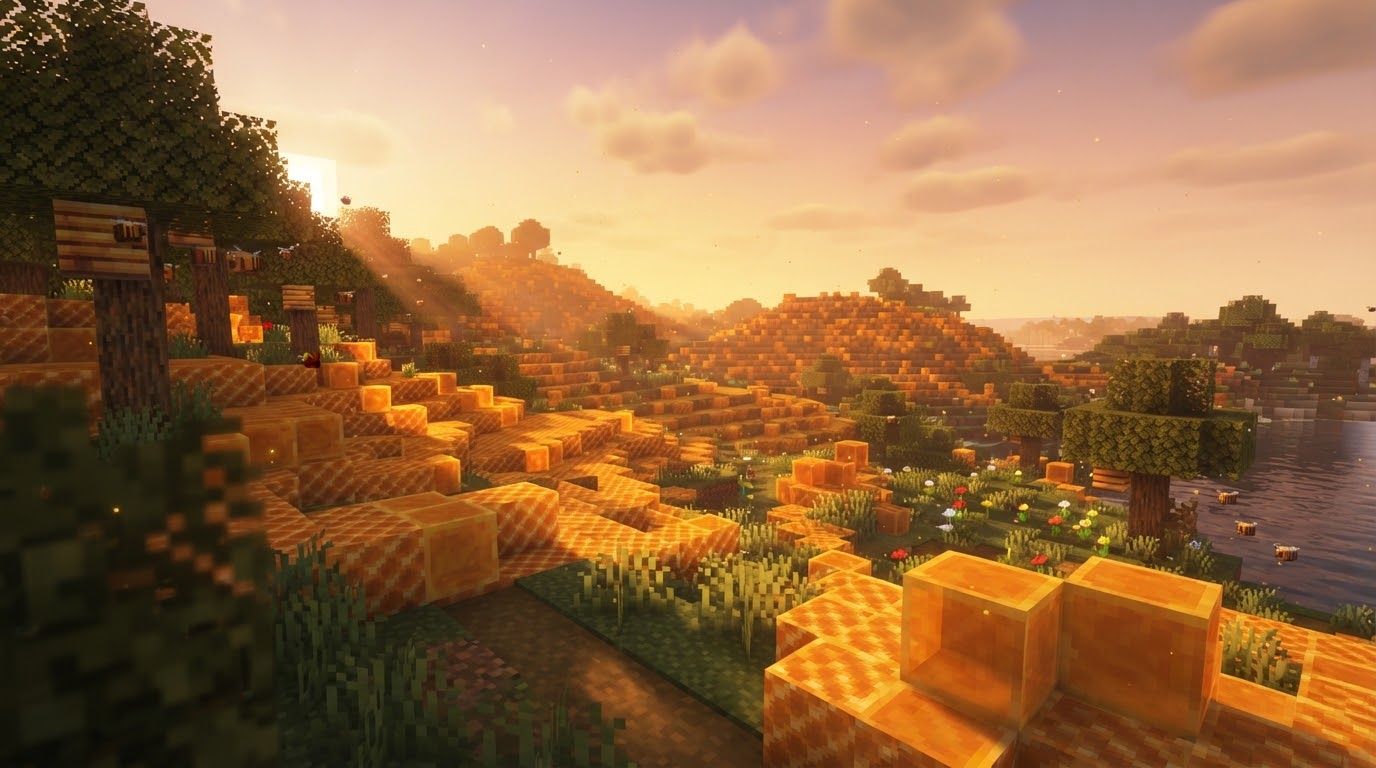 Voxel-art landscape of the Honeycomb Fields