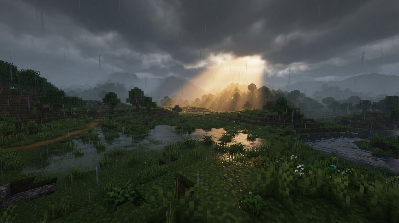 Voxel-art landscape of the Rainy Plains