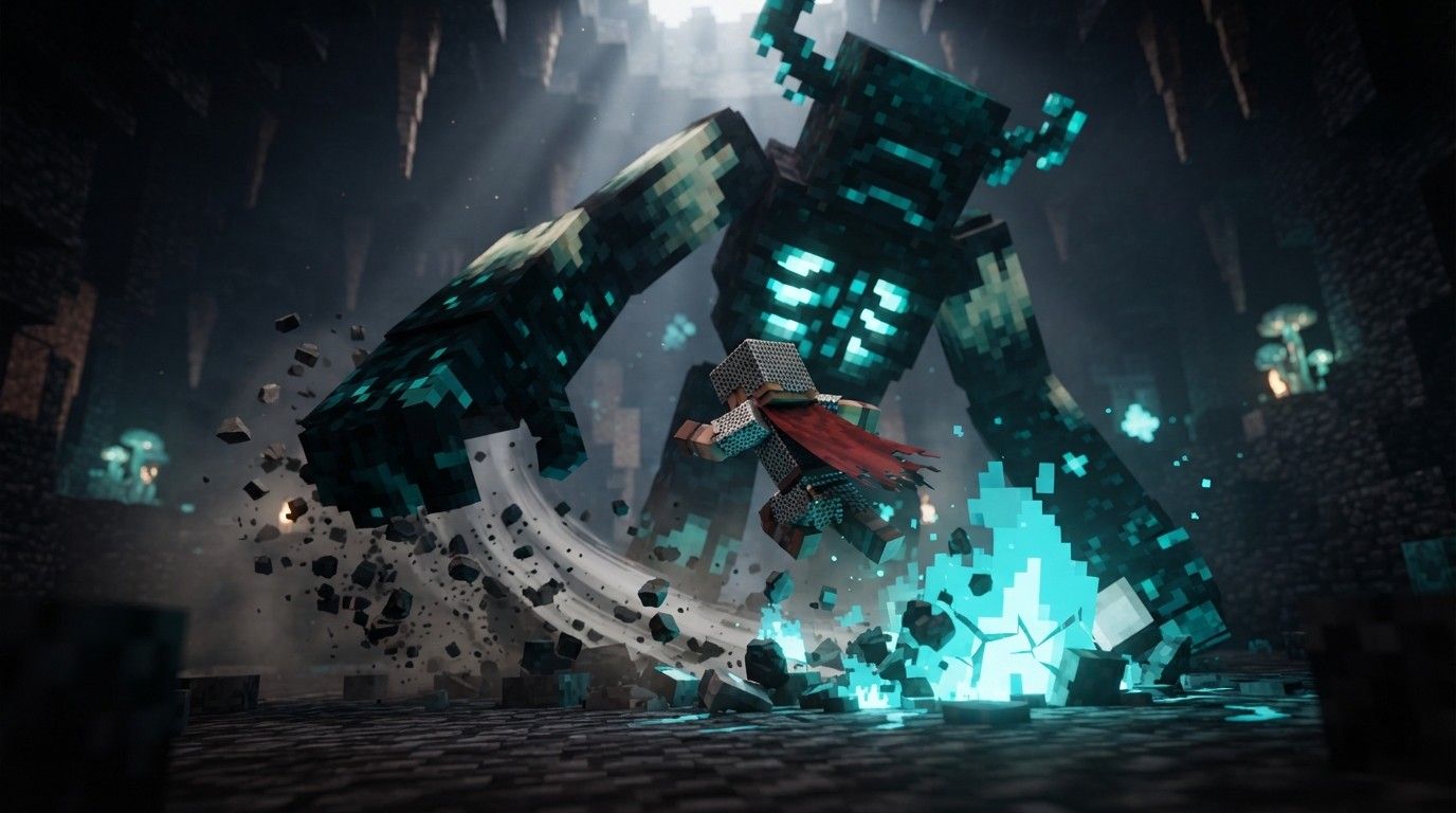 A blocky hero dodging a beam attack from a towering warden-like boss in a dark cave arena lit by soul-cyan light