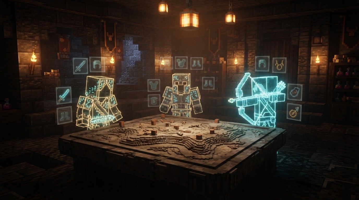 Three blocky adventurers sketched in glowing schematic outlines around a stone map table with empty gear-slot icons