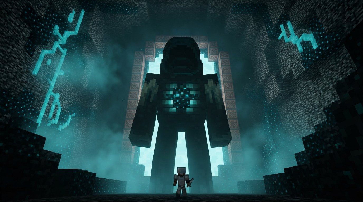 A small hero facing a towering Warden framed in a glowing sculk portal deep underground