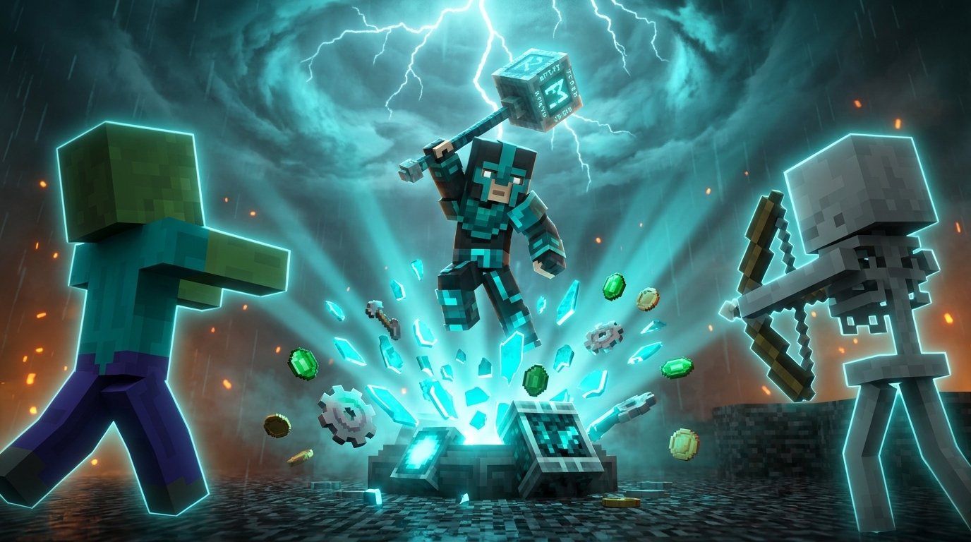 A hero in soul-cyan armor leaps with a hammer onto a cracked storm generator as a zombie and a skeleton archer close in, emeralds and shards flying