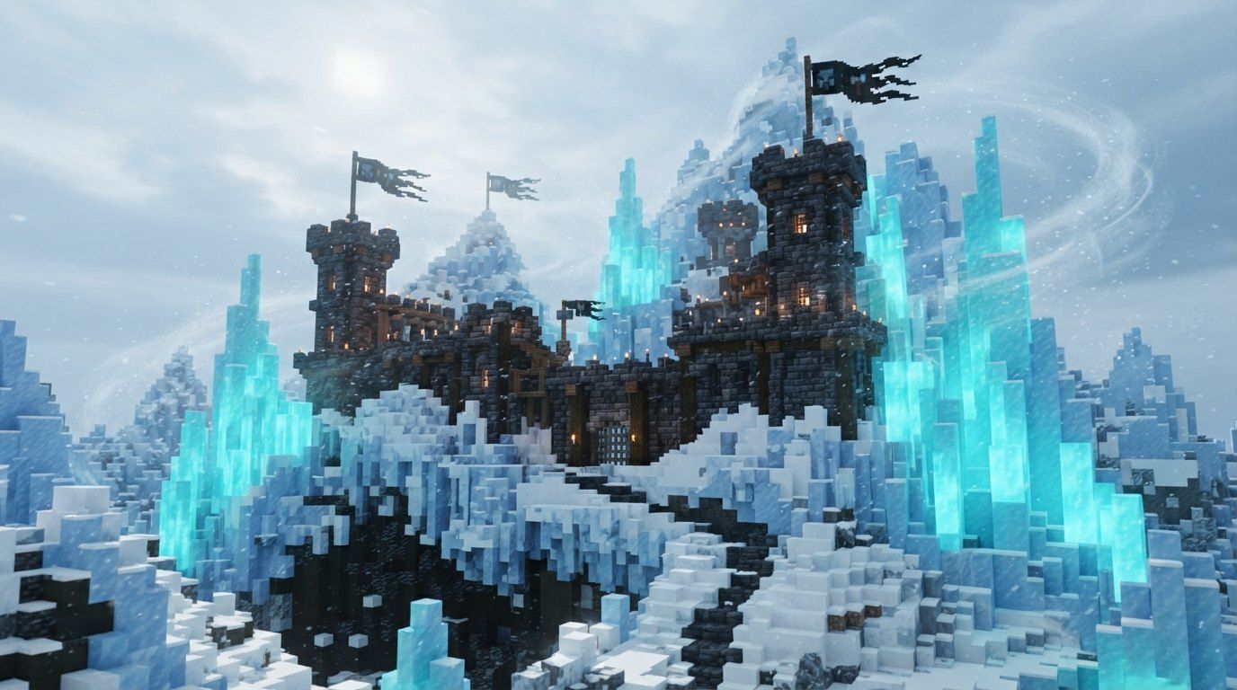 An icy fortress on snowy peaks, ringed by glowing blue ice crystals and swirling wind