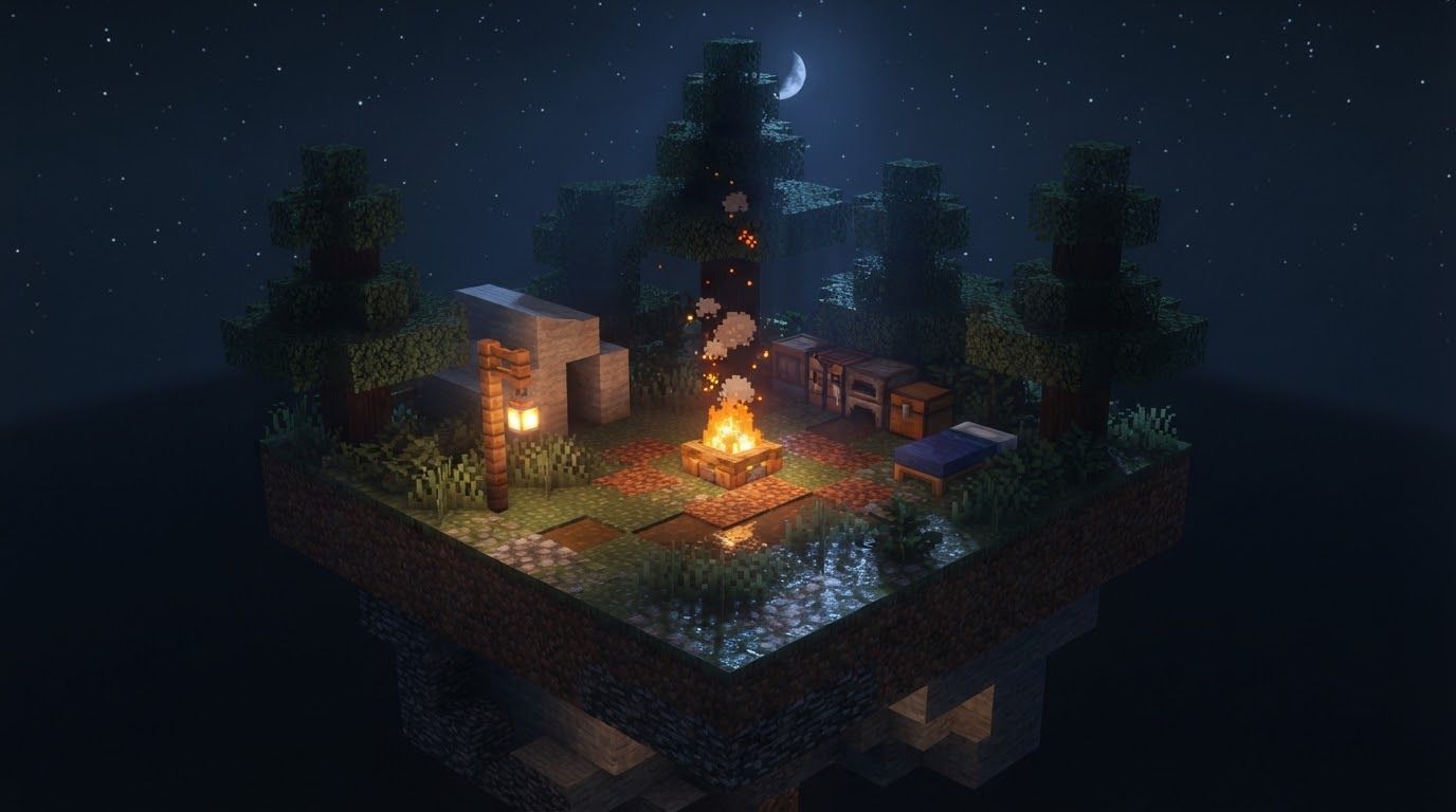 Voxel-art campfire camp at night in a blocky forest