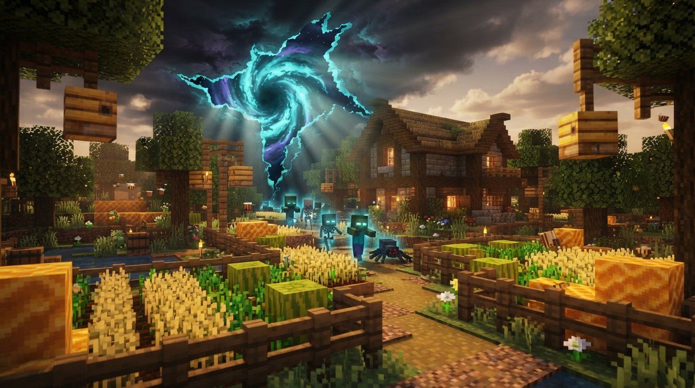 Farm fields and beehives in golden light while a swirling purple rift tears open above a cottage