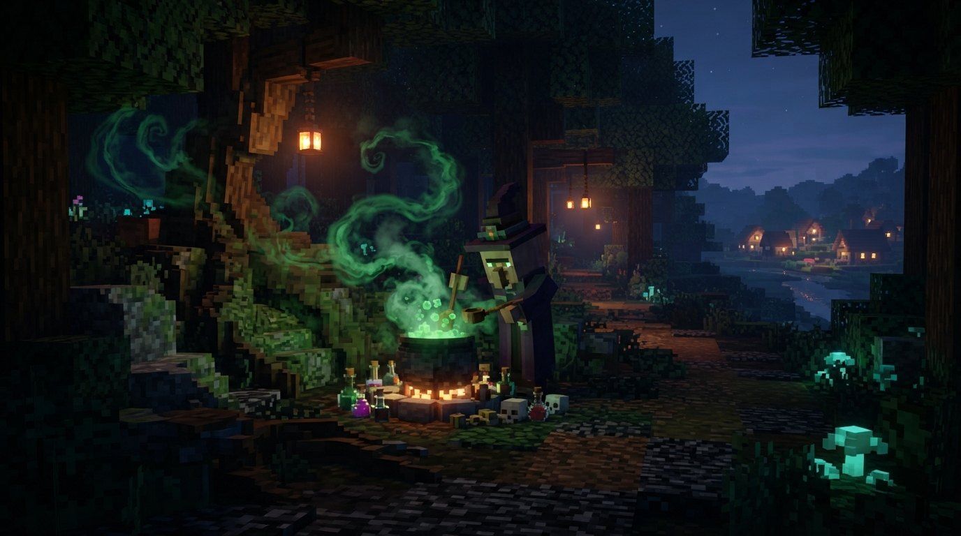 A witch brewing a green bubbling cauldron in a dark forest, with glowing mushrooms and a hamlet behind