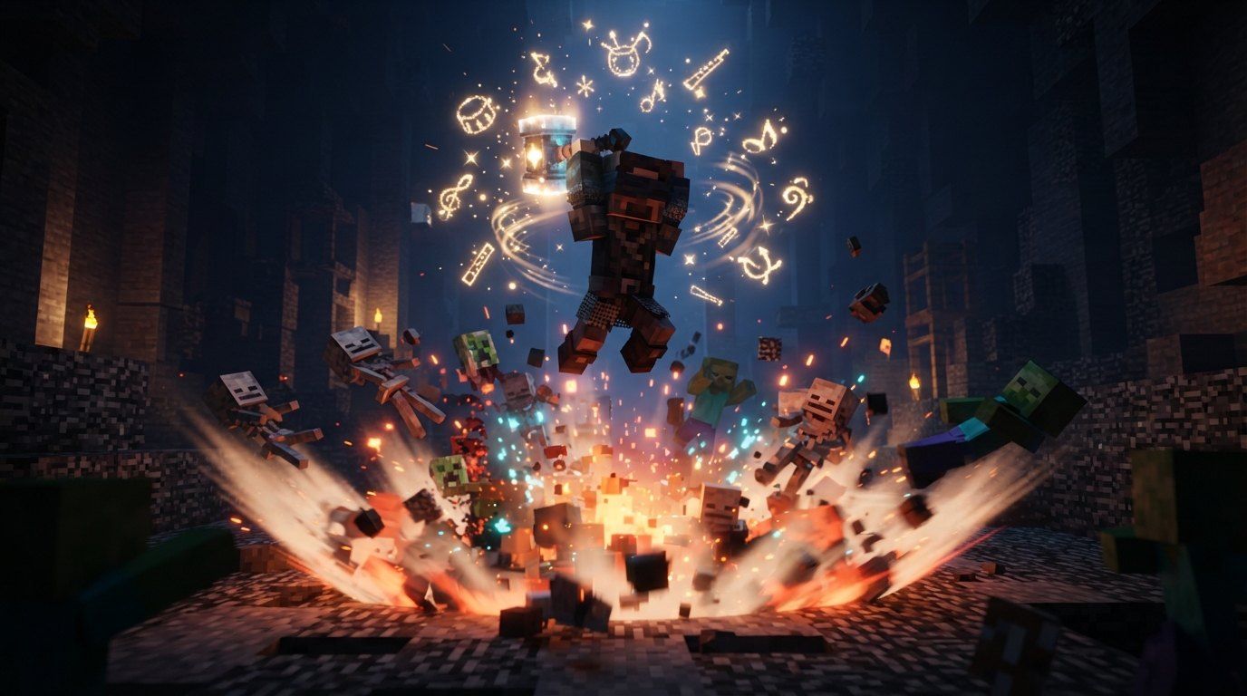 A hero landing a jump attack that shatters the ground and throws mobs back in a glowing burst