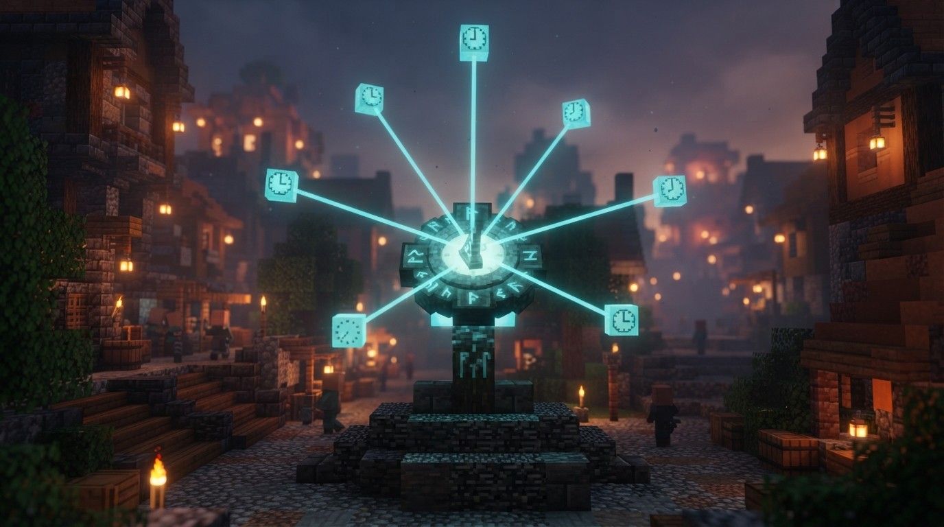 A glowing stone sundial in Brave Haven with light beams pointing to different world clocks orbiting above it