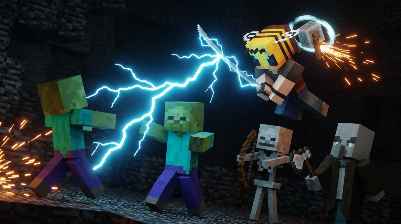 A hero in a bee-striped helmet leaps through the air as crackling blue lightning arcs into two zombies, a skeleton archer and a pale mob