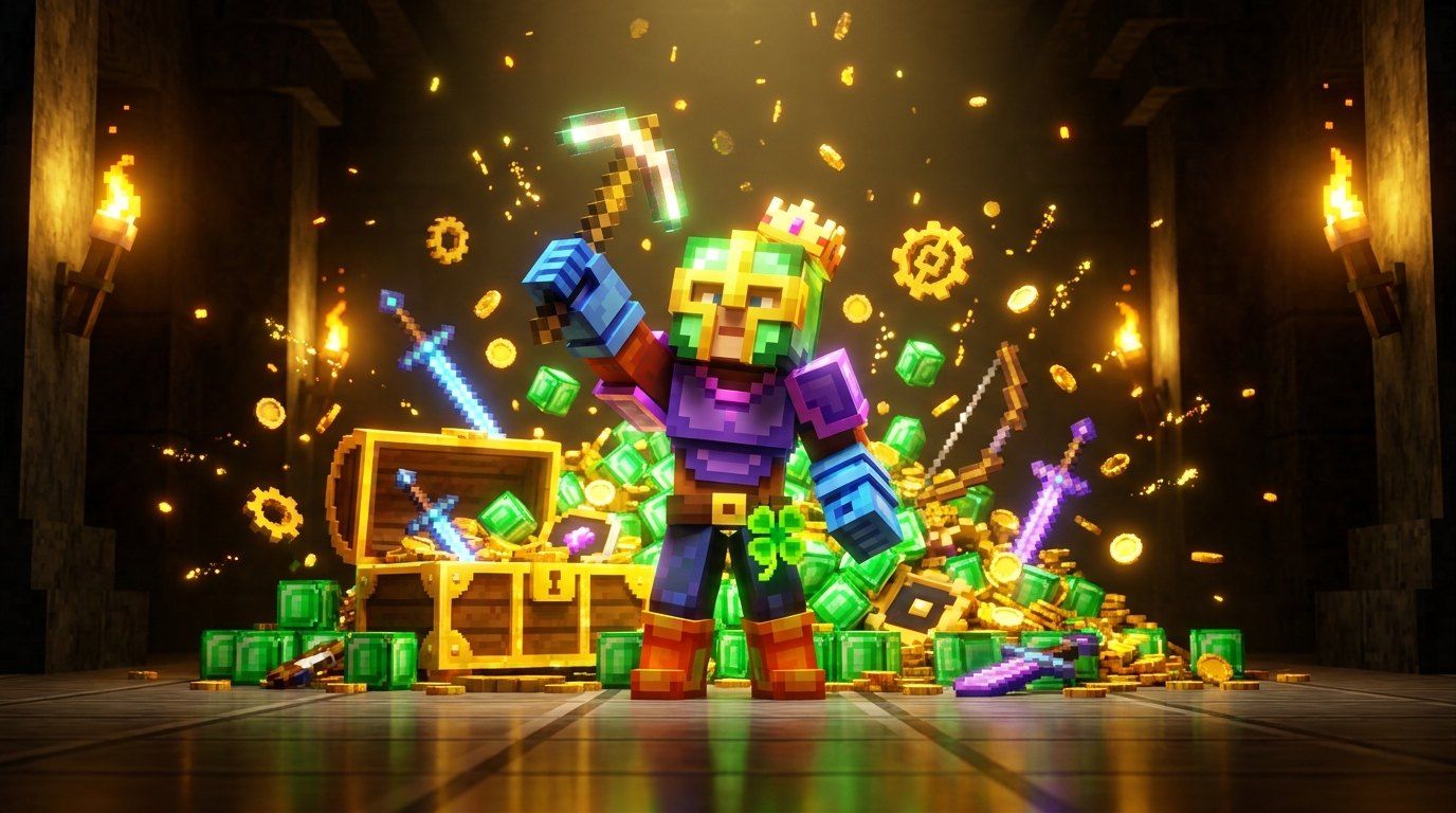 A crowned hero in purple armour raises a pickaxe beside an overflowing chest as emeralds, swords and gold pour around them