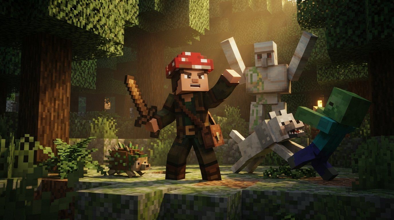 A hero leading a wolf, an iron golem and a hedgehog companion against a zombie in a forest clearing