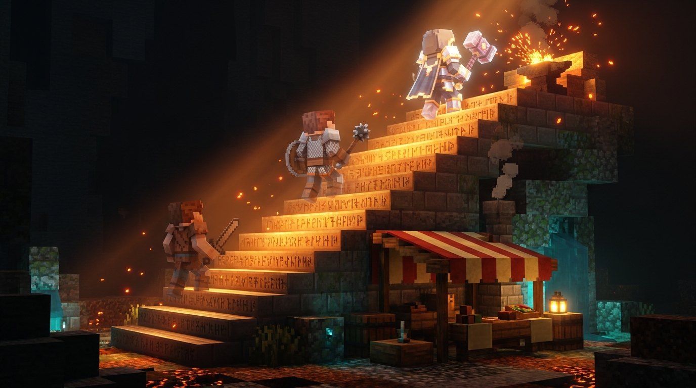 Three heroes climb a glowing stone staircase, their armour upgrading on each step toward a sparking anvil above a merchant's stall