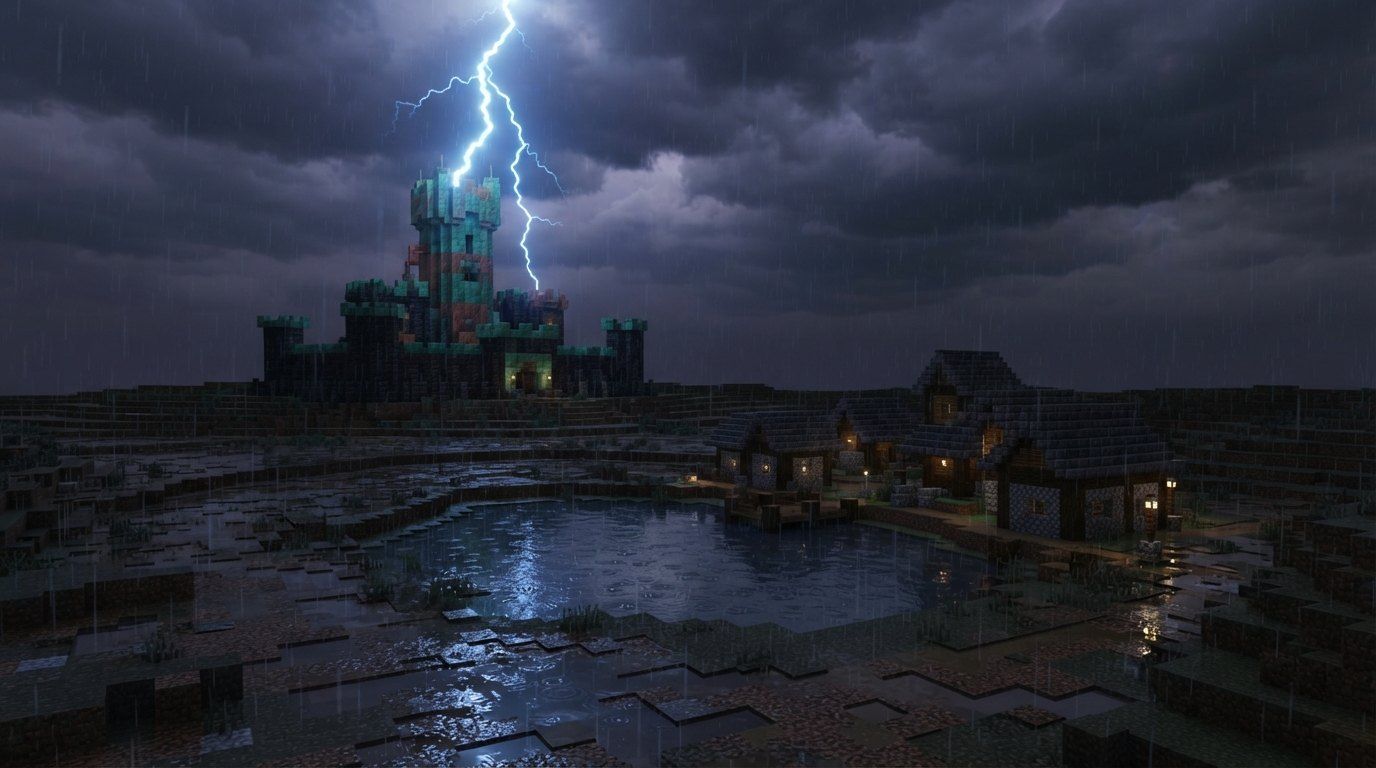 Lightning strikes a dark tower over storm-soaked plains, with a small village beside a flooded pond