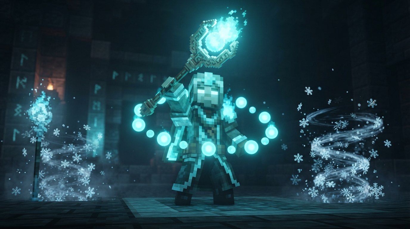 A hero glowing with soul energy, circled by blue soul orbs and swirling frost in a dark crypt