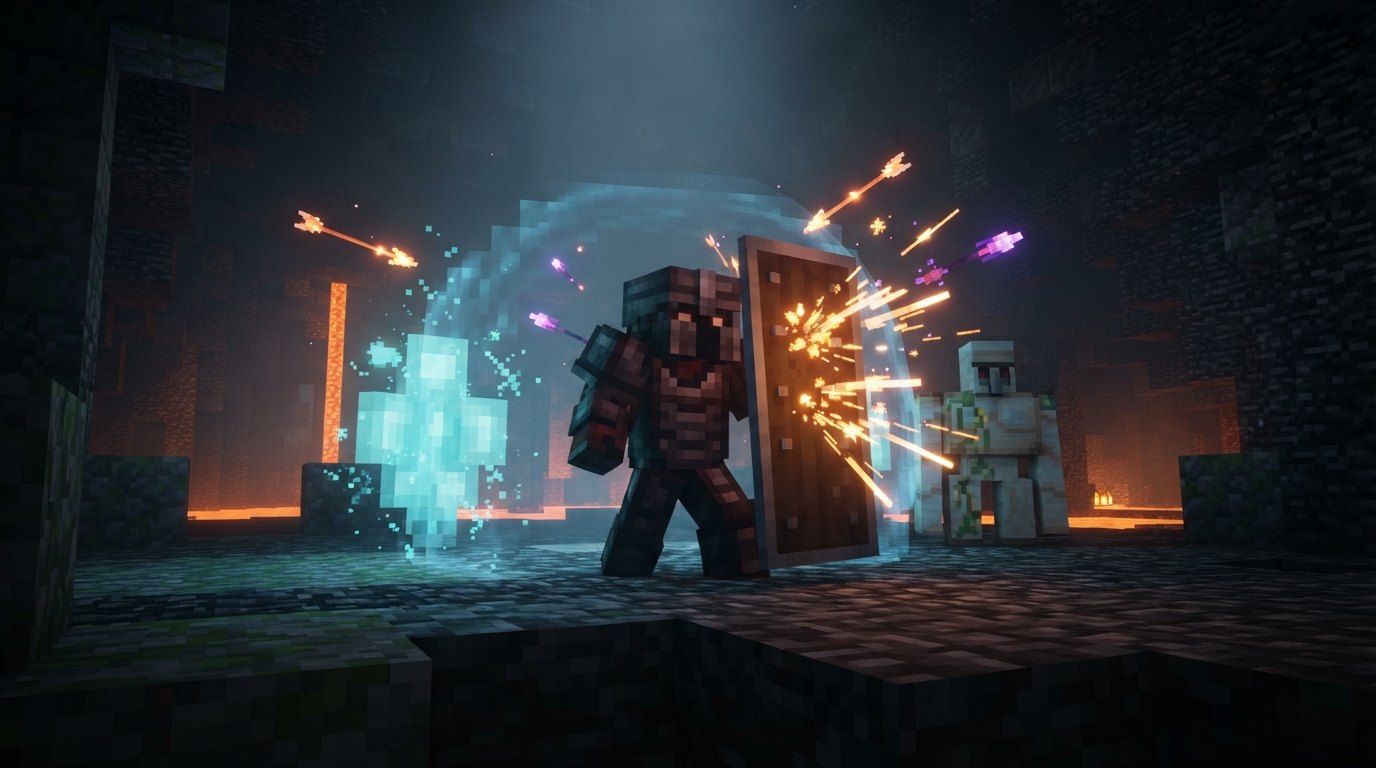An armored hero raising a shield that deflects a volley of arrows, with an iron golem behind