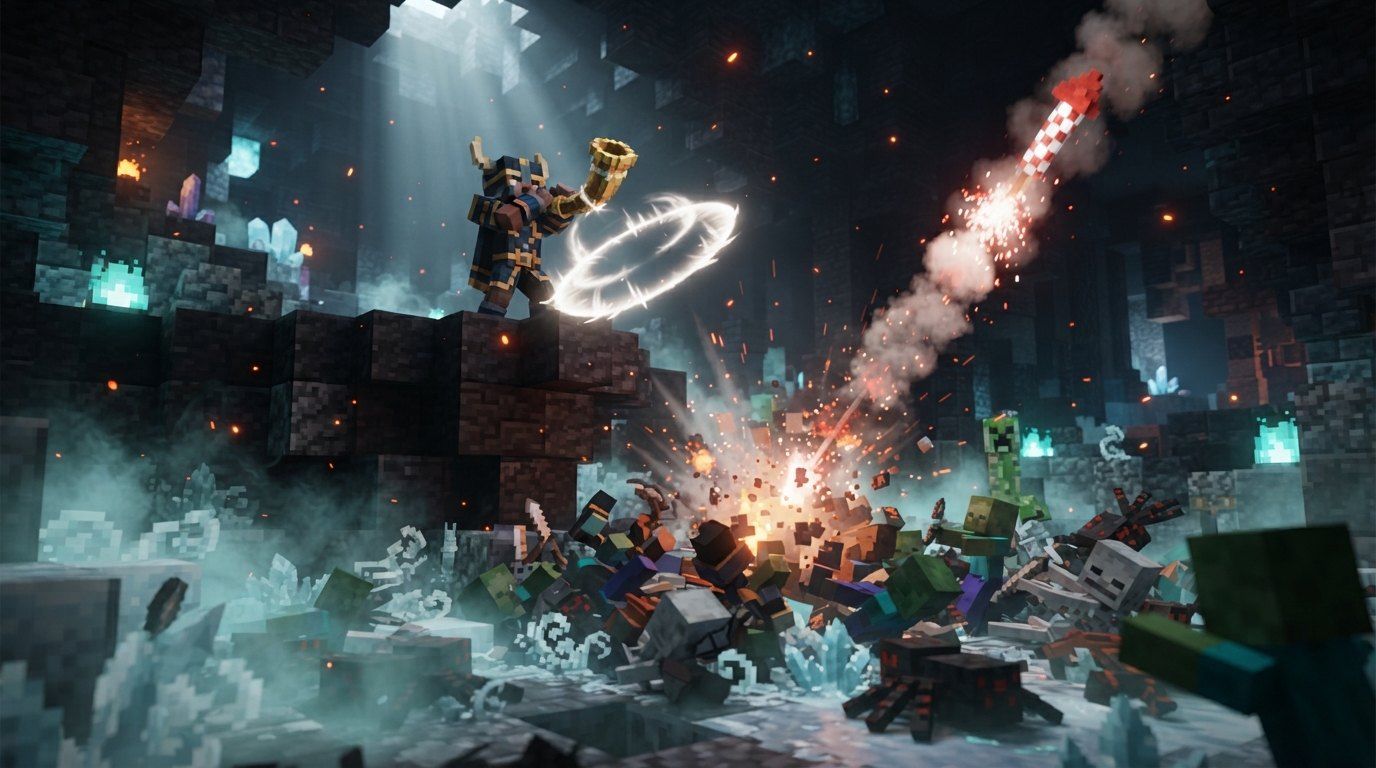 A hero blasting a horn shockwave while a firework rocket arcs into a mob pack in a frosty cave