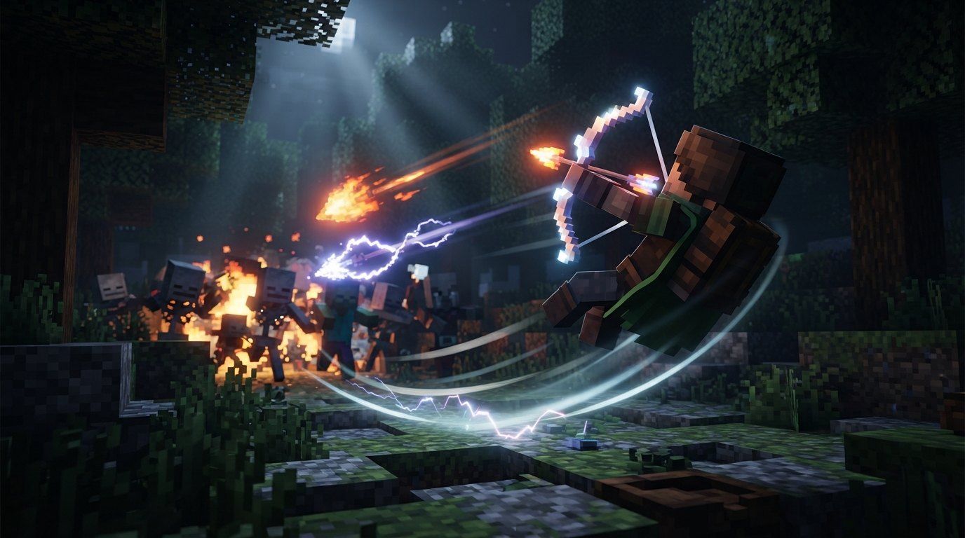 An archer mid-roll firing a flaming arrow back at a charging mob pack in a dark forest