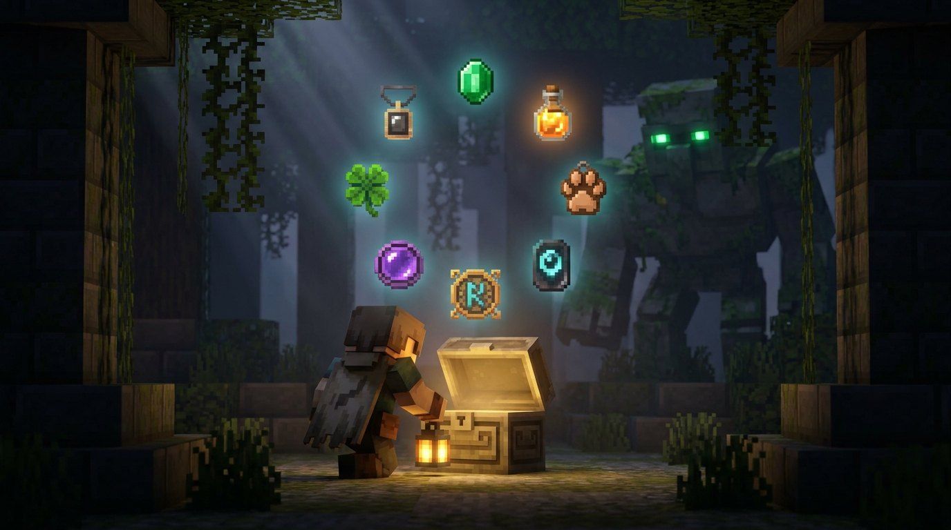 A hooded hero opens a glowing chest in a mossy ruin as eight talisman charms float above, a moss golem with green eyes looming behind