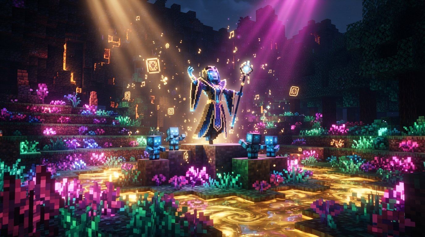 A robed figure conducting glowing music notes over a luminous Sift meadow of pink and teal flowers