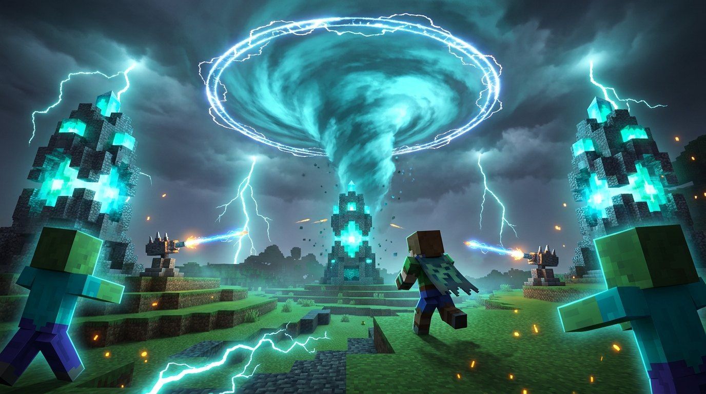 A hero sprints across a meadow toward a cyan storm generator under a swirling Soul Storm as turrets fire and zombies close in