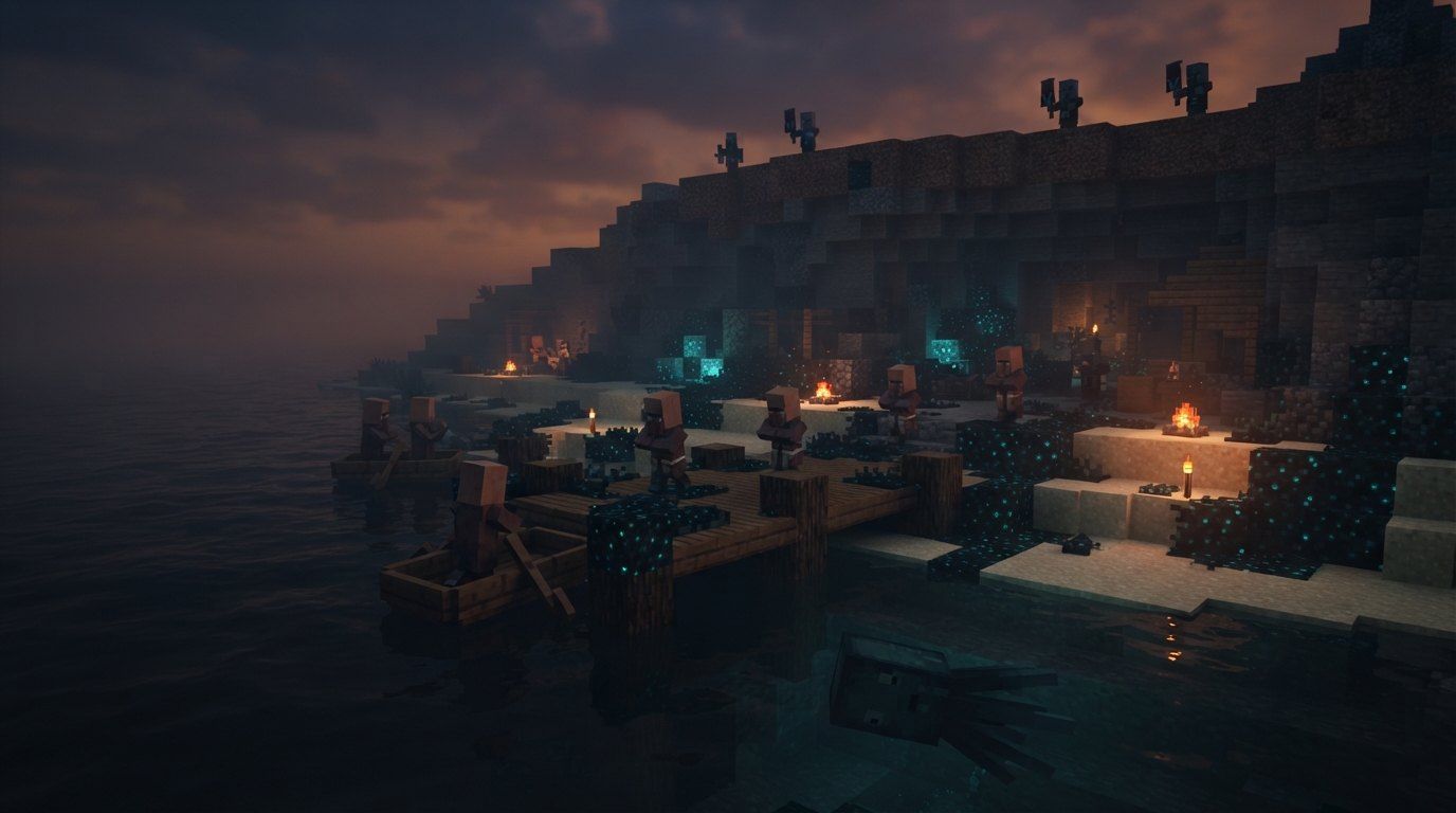 A blocky coastline at dusk with a lantern-lit wooden pier and village above calm dark water
