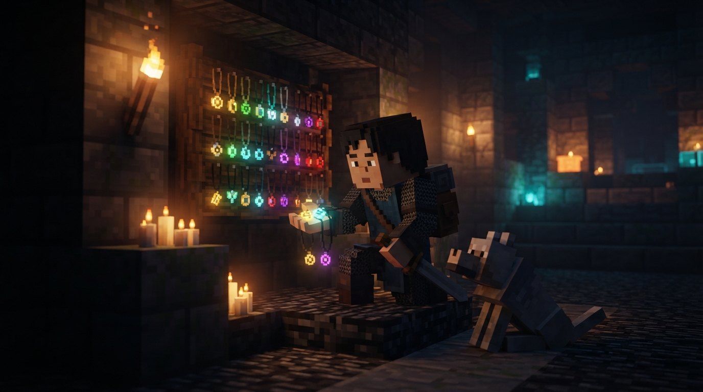 A hero holds a glowing charm beside a candle-lit rack of colourful talismans in a stone dungeon, a wolf companion sitting at their feet