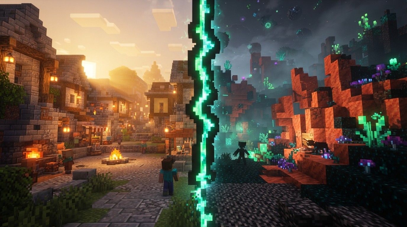 A split view of a cosy stone hub town on one side and a strange red-and-green sculk dimension on the other, joined by a glowing rift