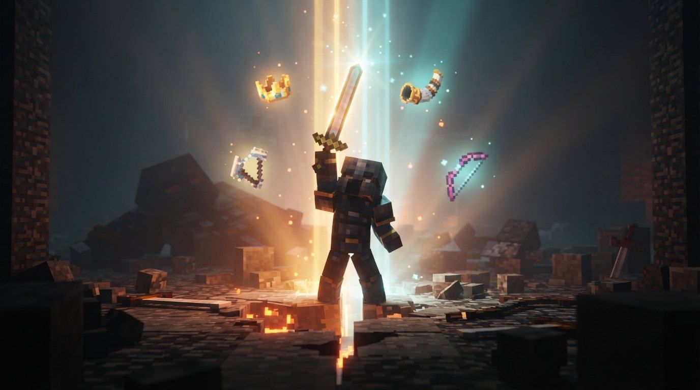A hero raises a glowing sword from a shattered arena floor in a beam of gold light as a crown, horn, bow and charm float around them